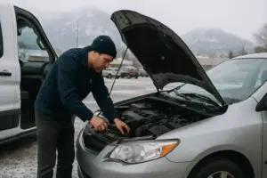 A mobile mechanic working on a car engine in a suburban parking lot during daylight, with snow-capped mountains in the background and trees surrounding the area.