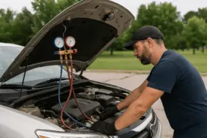 A mobile mechanic working on a car's engine in a sunny parking lot with mountains in the background, captured during daylight.