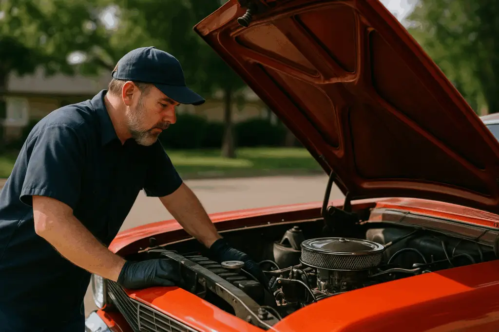 A classic car mechanic working under the hood of a vintage vehicle in a well-lit garage, with tools spread out on a workbench nearby.