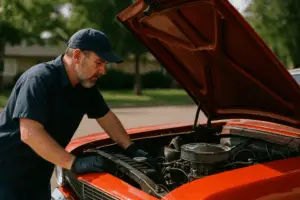 A classic car mechanic working under the hood of a vintage vehicle in a well-lit garage, with tools spread out on a workbench nearby.