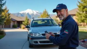 A professional mobile mechanic repairing a car outside a home in Colorado Springs, with the Rocky Mountains in the background under a clear blue sky, emphasizing convenience and expert service.