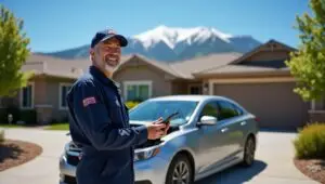 A professional mobile mechanic repairing a car outside a home in Colorado Spring